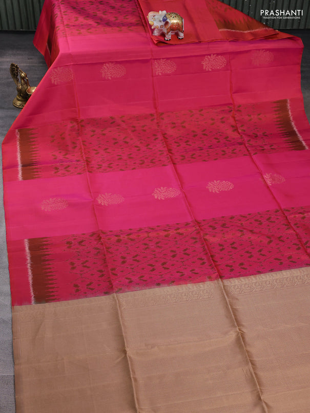 Ikat soft silk saree dual shade of pinkish orange and sandal with allover ikat weaves & zari buttas and simple border