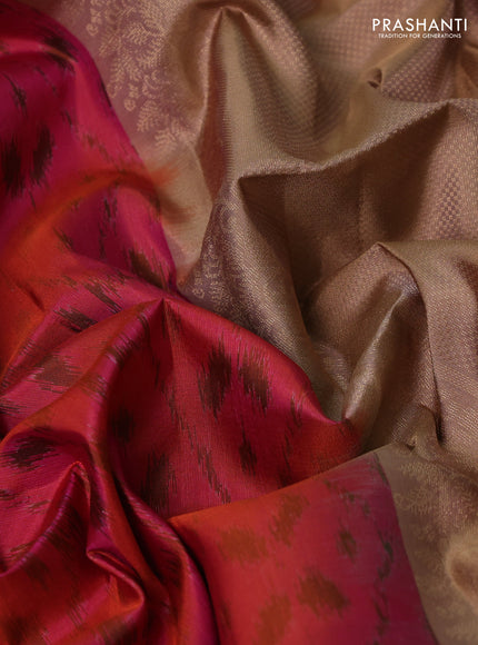 Ikat soft silk saree dual shade of pinkish orange and sandal with allover ikat weaves & zari buttas and simple border