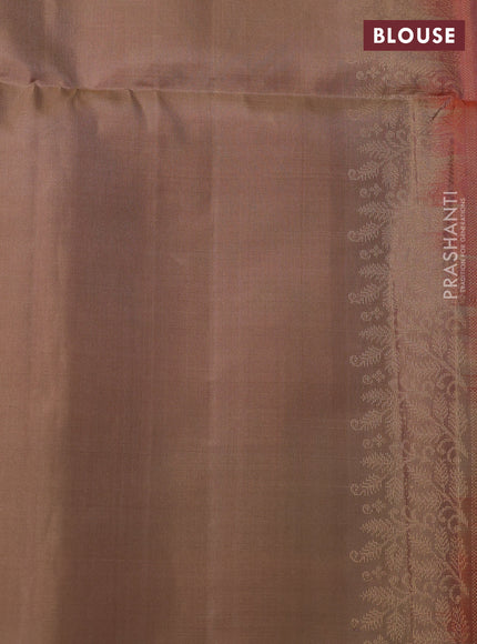 Ikat soft silk saree dual shade of pinkish orange and sandal with allover ikat weaves & zari buttas and simple border