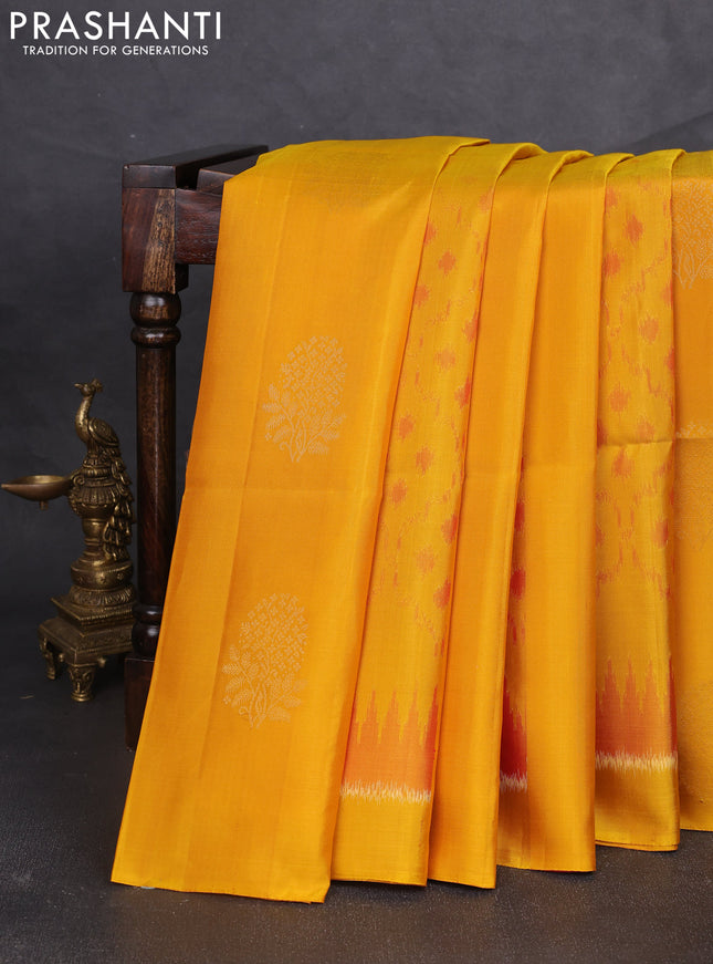 Ikat soft silk saree mustard yellow and red with ikat weaves & zari woven buttas and simple border