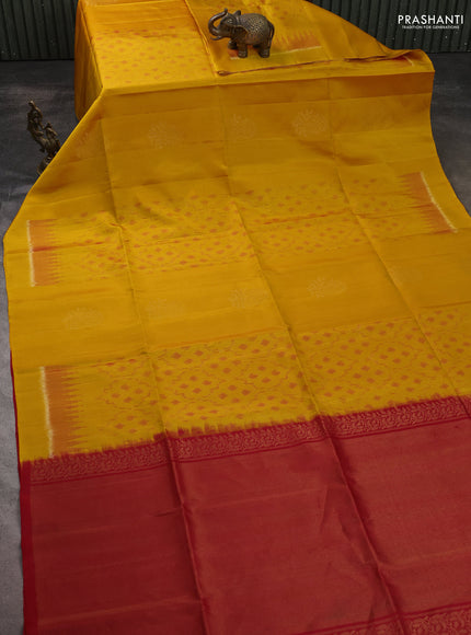 Ikat soft silk saree mustard yellow and red with ikat weaves & zari woven buttas and simple border