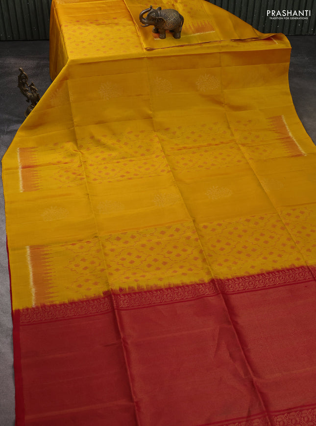 Ikat soft silk saree mustard yellow and red with ikat weaves & zari woven buttas and simple border