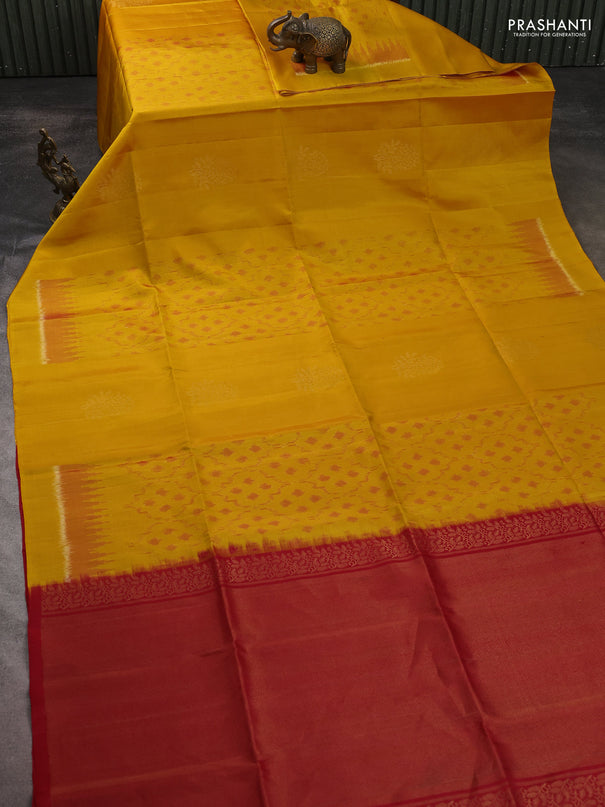 Ikat soft silk saree mustard yellow and red with ikat weaves & zari woven buttas and simple border