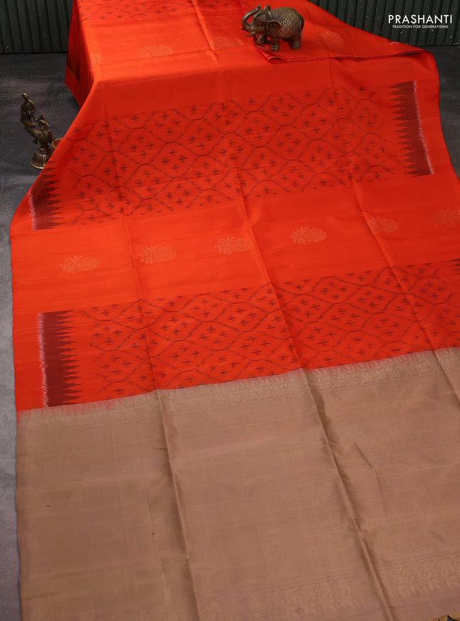Ikat soft silk saree orange and sandal with ikat weaves & zari woven buttas and simple border