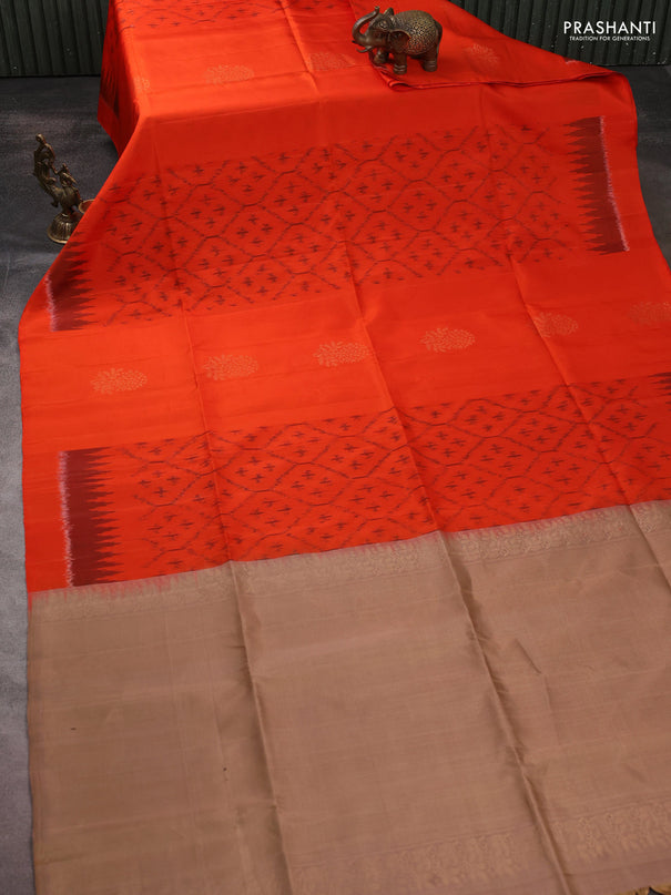 Ikat soft silk saree orange and sandal with ikat weaves & zari woven buttas and simple border