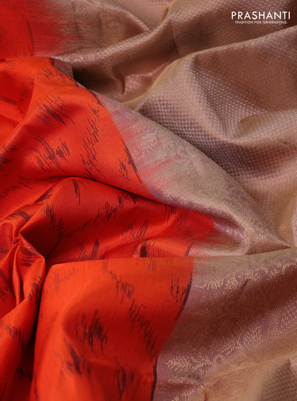 Ikat soft silk saree orange and sandal with ikat weaves & zari woven buttas and simple border