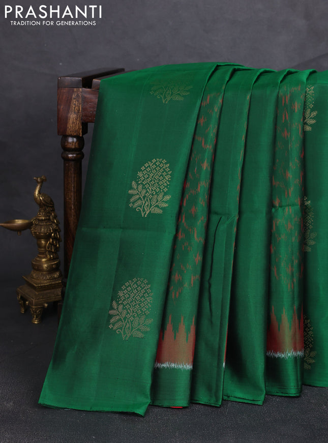 Ikat soft silk saree bottle green and red with ikat weaves & zari woven buttas and simple border