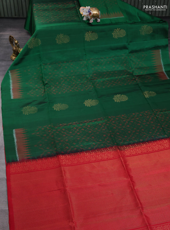 Ikat soft silk saree bottle green and red with ikat weaves & zari woven buttas and simple border