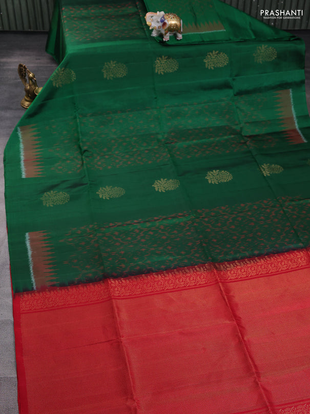 Ikat soft silk saree bottle green and red with ikat weaves & zari woven buttas and simple border