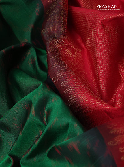 Ikat soft silk saree bottle green and red with ikat weaves & zari woven buttas and simple border