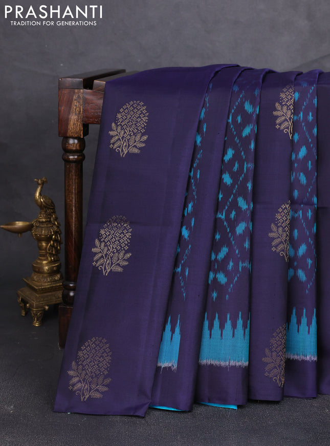 Ikat soft silk saree navy blue and cs blue with ikat weaves & zari woven buttas and simple border