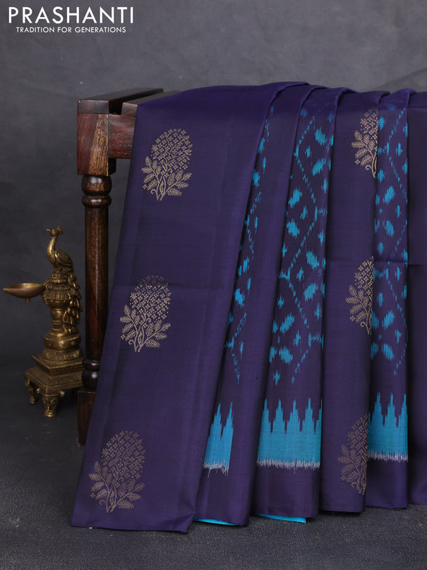 Ikat soft silk saree navy blue and cs blue with ikat weaves & zari woven buttas and simple border