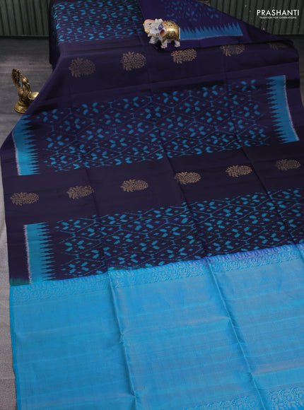 Ikat soft silk saree navy blue and cs blue with ikat weaves & zari woven buttas and simple border