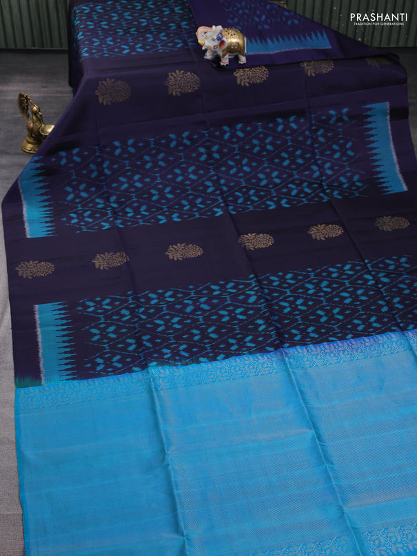Ikat soft silk saree navy blue and cs blue with ikat weaves & zari woven buttas and simple border