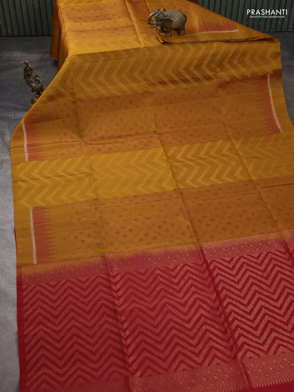 Ikat soft silk saree dark mustard and red with ikat & zari weaves and simple border