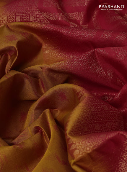Ikat soft silk saree dark mustard and red with ikat & zari weaves and simple border