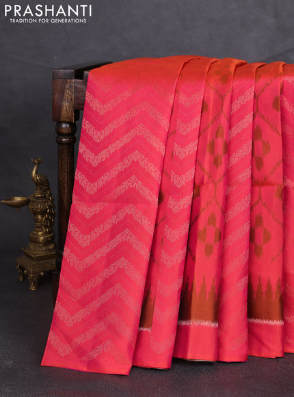 Ikat soft silk saree dual shade of pinkish orange and sandal with ikat & zari weaves and simple border