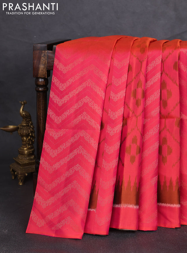 Ikat soft silk saree dual shade of pinkish orange and sandal with ikat & zari weaves and simple border