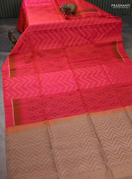 Ikat soft silk saree dual shade of pinkish orange and sandal with ikat & zari weaves and simple border