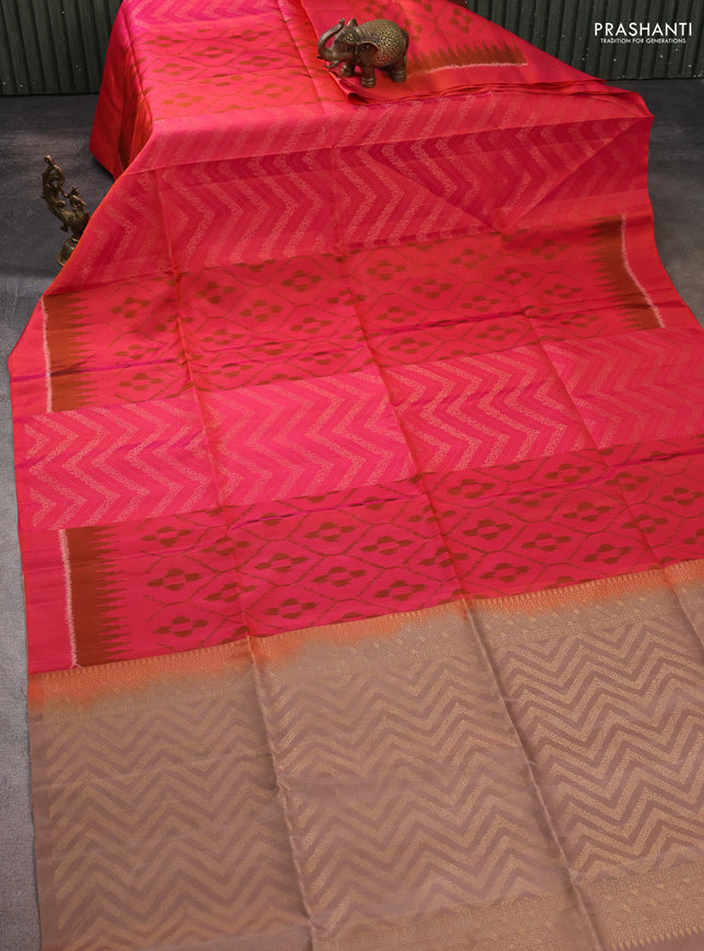 Ikat soft silk saree dual shade of pinkish orange and sandal with ikat & zari weaves and simple border