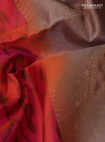 Ikat soft silk saree dual shade of pinkish orange and sandal with ikat & zari weaves and simple border