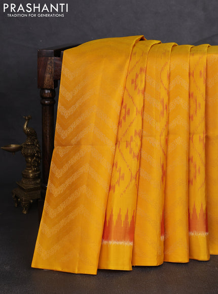 Ikat soft silk saree mustard yellow and red with ikat & zari weaves and simple border