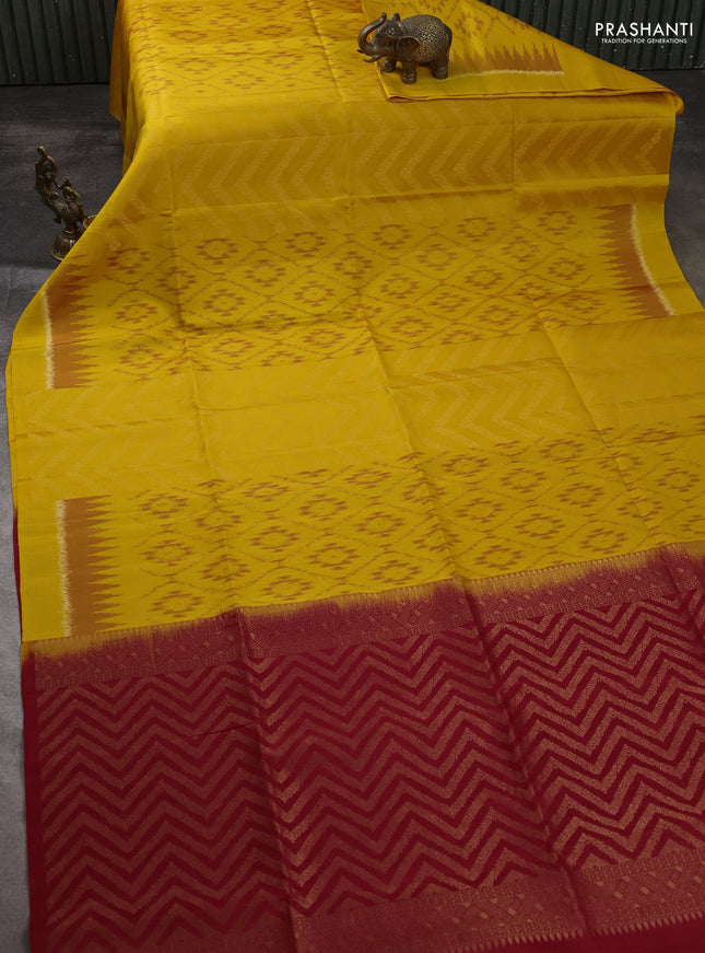 Ikat soft silk saree mustard yellow and red with ikat & zari weaves and simple border