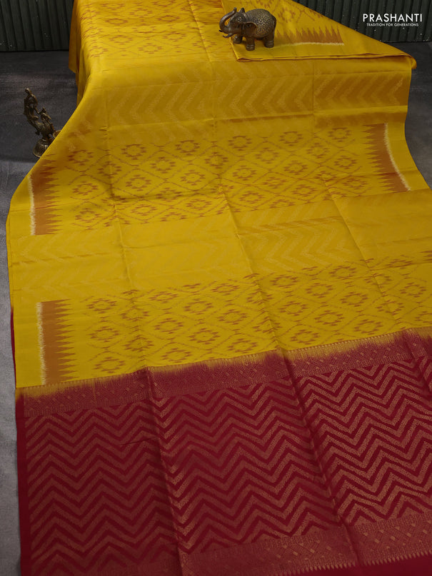 Ikat soft silk saree mustard yellow and red with ikat & zari weaves and simple border