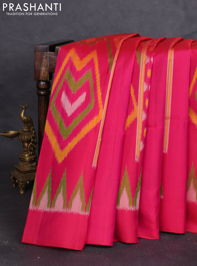 Ikat soft silk saree dark pink and teal green with allover ikat weaves & buttas and simple border