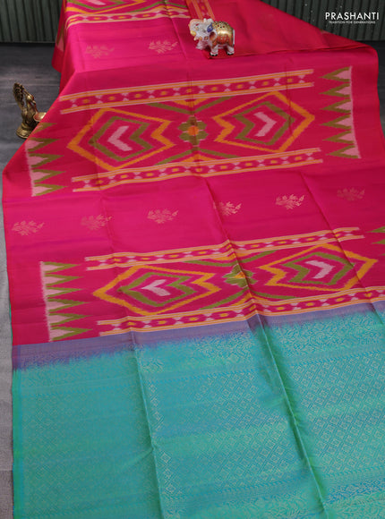 Ikat soft silk saree dark pink and teal green with allover ikat weaves & buttas and simple border