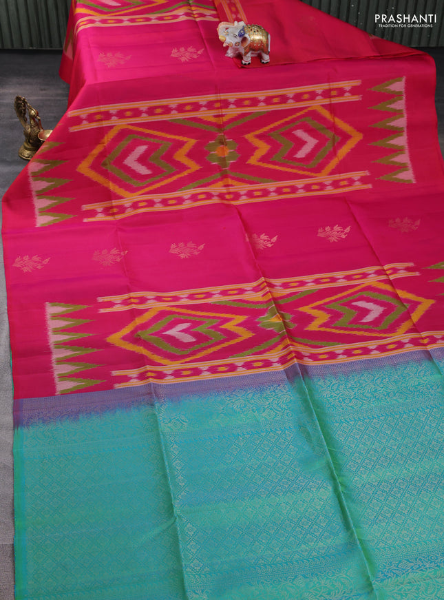 Ikat soft silk saree dark pink and teal green with allover ikat weaves & buttas and simple border