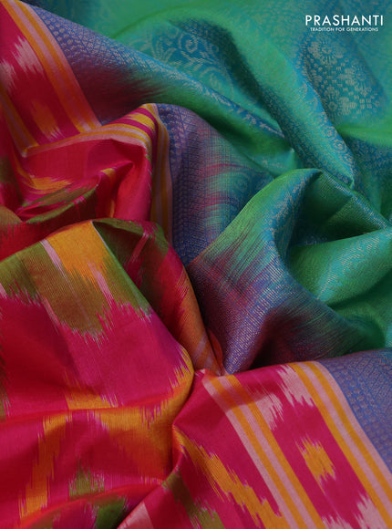 Ikat soft silk saree dark pink and teal green with allover ikat weaves & buttas and simple border