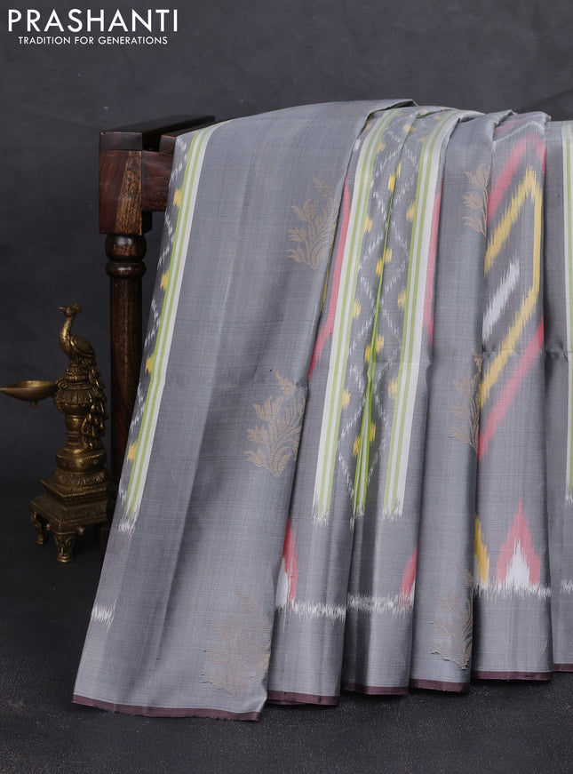 Ikat soft silk saree grey and pastel purple with allover ikat weaves & buttas and simple border