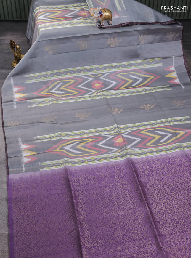 Ikat soft silk saree grey and pastel purple with allover ikat weaves & buttas and simple border