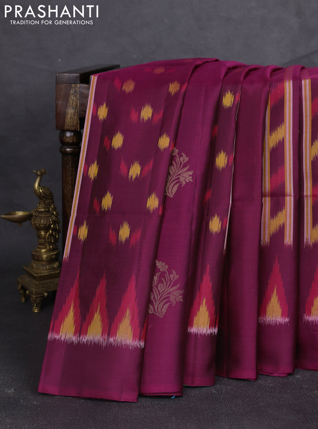 Ikat soft silk saree wine shade and teal green with allover ikat weaves & buttas and simple border