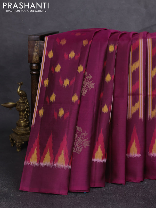 Ikat soft silk saree wine shade and teal green with allover ikat weaves & buttas and simple border