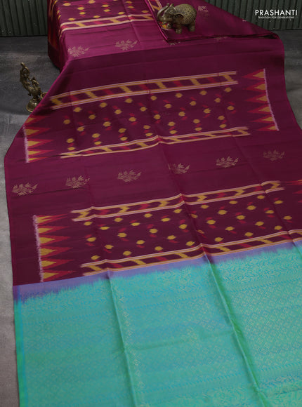 Ikat soft silk saree wine shade and teal green with allover ikat weaves & buttas and simple border