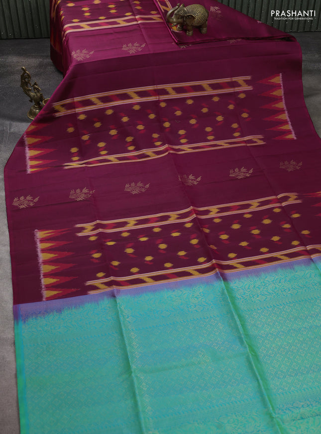 Ikat soft silk saree wine shade and teal green with allover ikat weaves & buttas and simple border