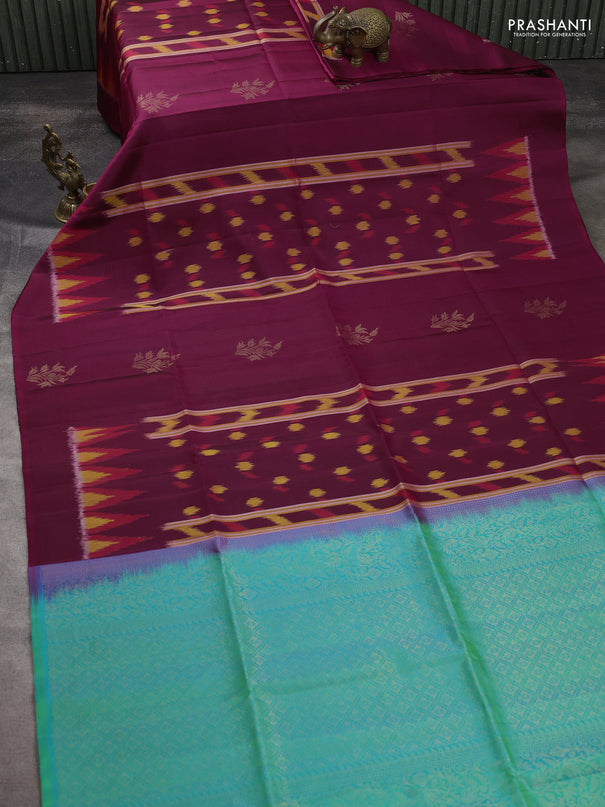 Ikat soft silk saree wine shade and teal green with allover ikat weaves & buttas and simple border