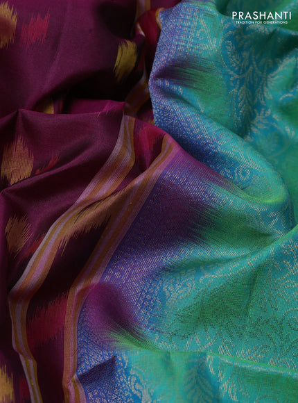 Ikat soft silk saree wine shade and teal green with allover ikat weaves & buttas and simple border