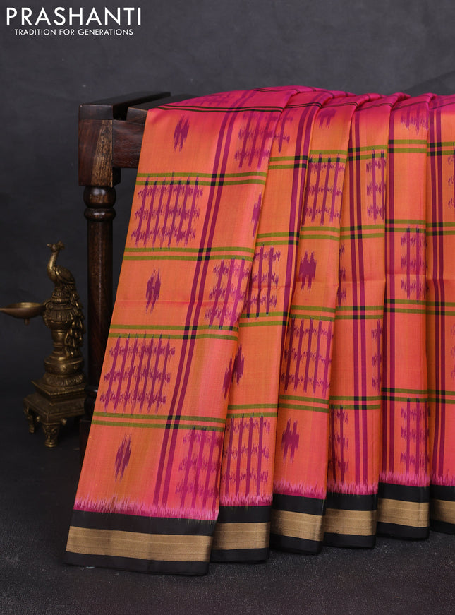Ikat soft silk saree darlk mustard and black with allover checks & ikat woven buttas and zari woven border