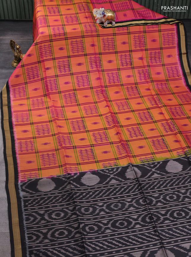 Ikat soft silk saree darlk mustard and black with allover checks & ikat woven buttas and zari woven border