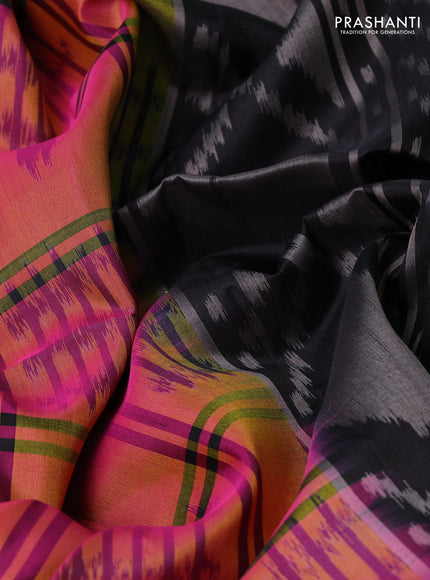 Ikat soft silk saree darlk mustard and black with allover checks & ikat woven buttas and zari woven border