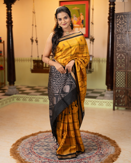 Ikat soft silk saree mustard yellow and black with allover checks & ikat woven buttas and zari woven border