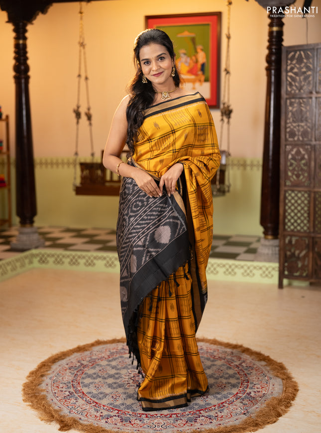 Ikat soft silk saree mustard yellow and black with allover checks & ikat woven buttas and zari woven border