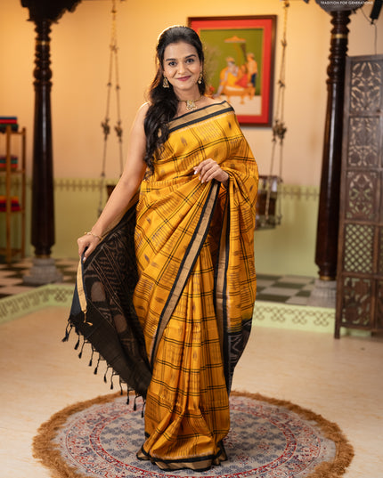 Ikat soft silk saree mustard yellow and black with allover checks & ikat woven buttas and zari woven border