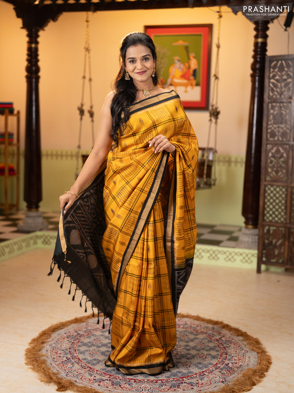 Ikat soft silk saree mustard yellow and black with allover checks & ikat woven buttas and zari woven border