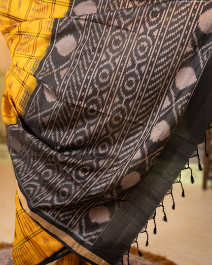 Ikat soft silk saree mustard yellow and black with allover checks & ikat woven buttas and zari woven border