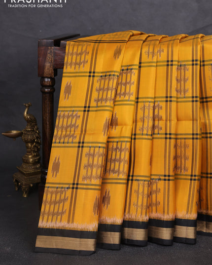 Ikat soft silk saree mustard yellow and black with allover checks & ikat woven buttas and zari woven border