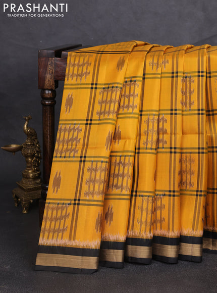 Ikat soft silk saree mustard yellow and black with allover checks & ikat woven buttas and zari woven border